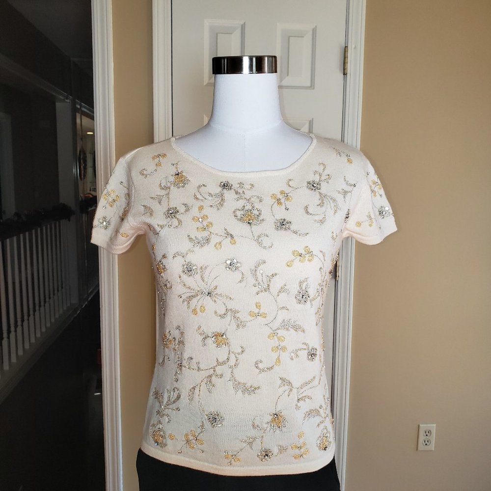 Talbots Merino Wool Ivory Beaded & Embroidered Short Sleeve Sweater